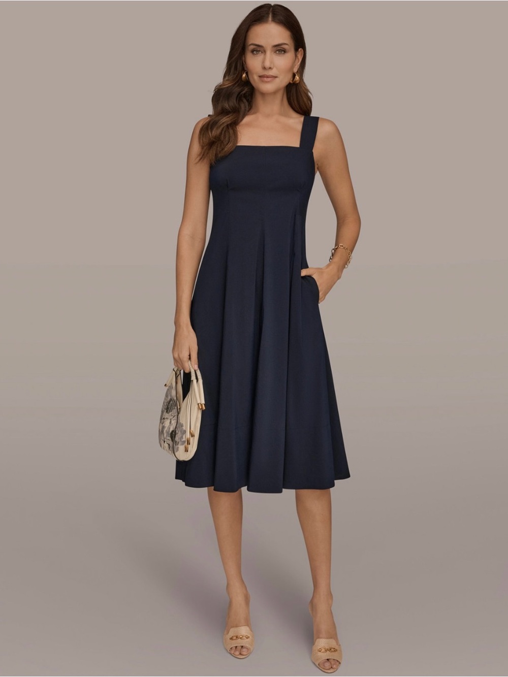 Donna Karan Navy Blue Sleeveless Square Neck A-Line Midi Dress Size 10